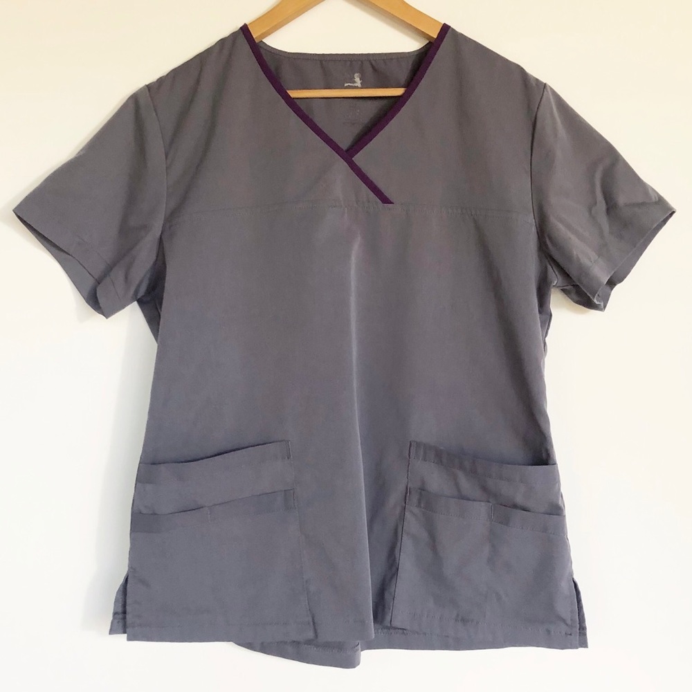 Dagacci Gray Scrub Top L Short Sleeve V Neck Medical Tech Uniform Pockets